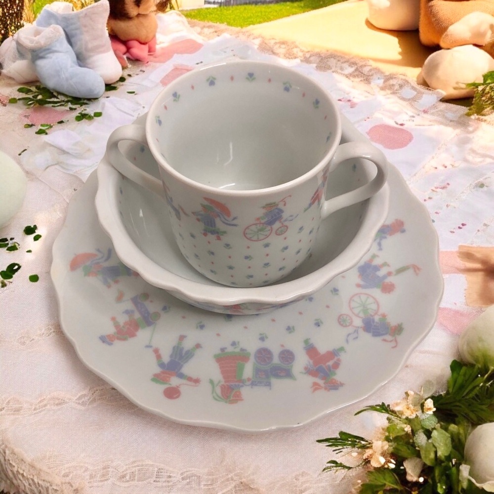 3 Pc Vintage Children's Kids Ceramic Dish Set Toyland Lynn Hollyn Toscany Japan